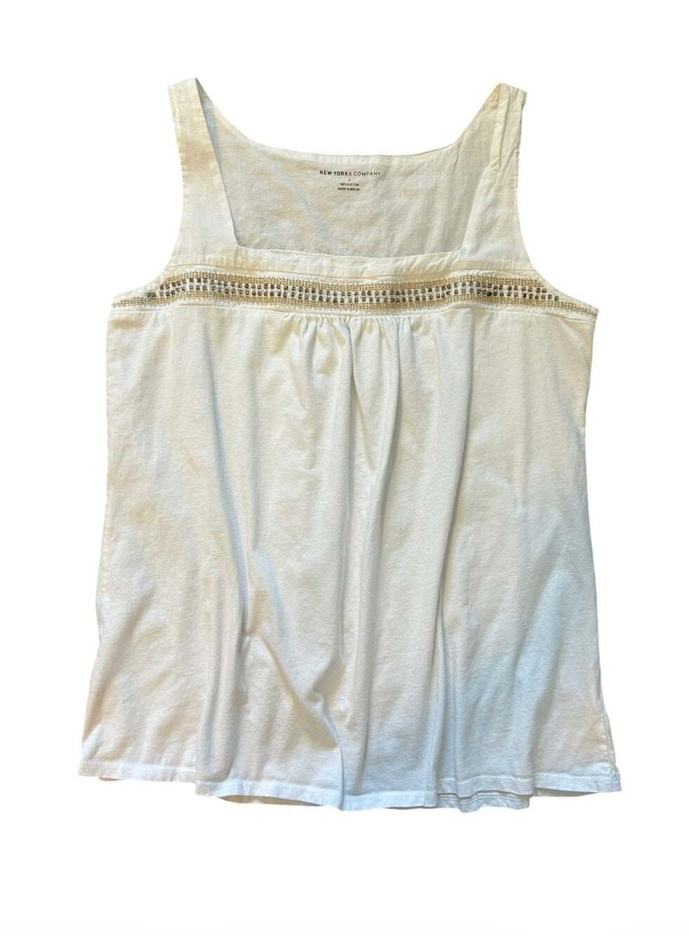 New York & Company White Sleeveless Tank Top with Metallic Beaded Embellishment